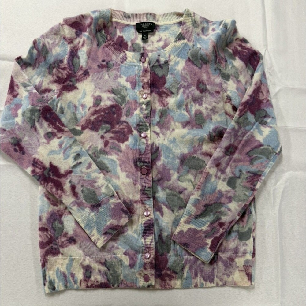 Talbots Floral Merino Wool Cardigan Sweater Pink Purple Blue M Petite